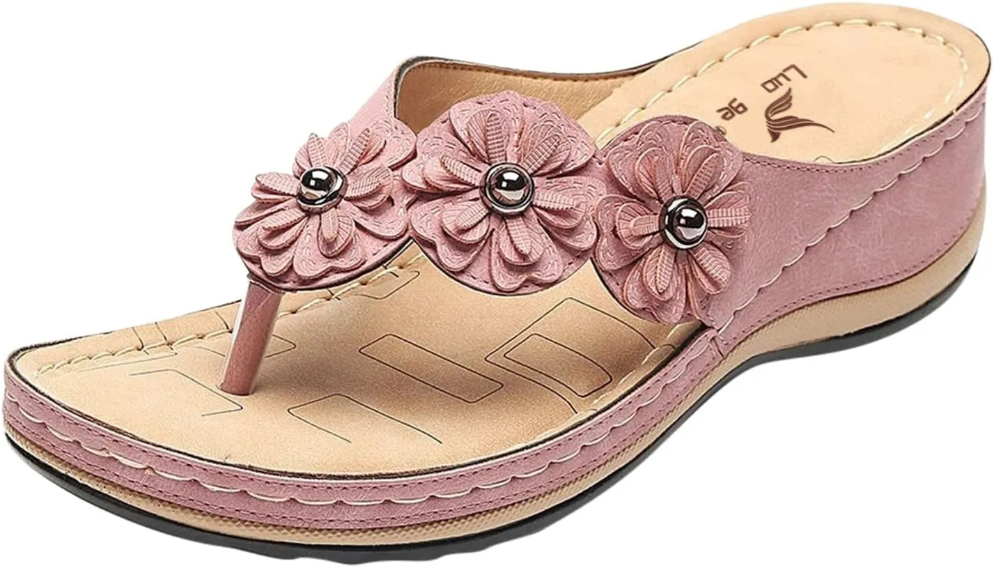 Arch Support Flip Flops for Women 2025,Clip Toe Wide Width Wedges Slip On Flower Rhinestones Strap Sandals Low Heel Ladies Comfortable Cushion Footbed Daily Wear Slides Cute Shoes Recovery Mules