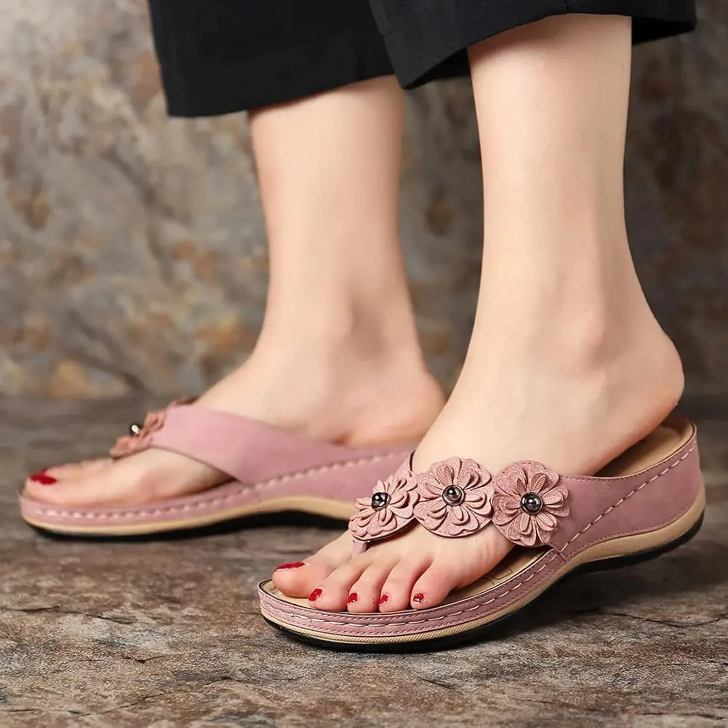 Arch Support Flip Flops for Women 2025,Clip Toe Wide Width Wedges Slip On Flower Rhinestones Strap Sandals Low Heel Ladies Comfortable Cushion Footbed Daily Wear Slides Cute Shoes Recovery Mules