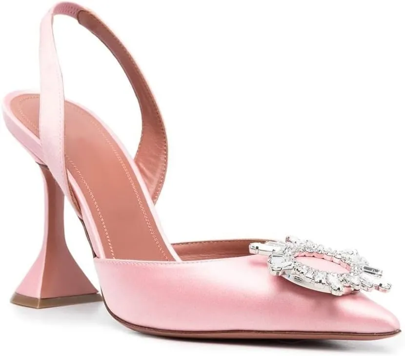 Arqa Satin Slingback Heels for Women Crystal Pointed Toe High Heels Wedding Bride Pump Shoes