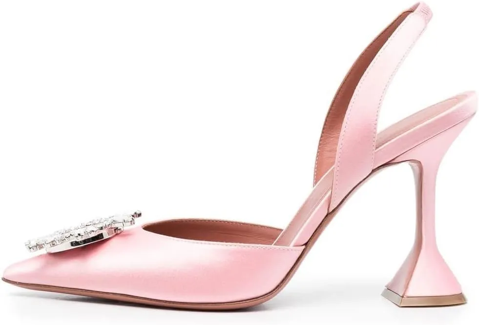 Arqa Satin Slingback Heels for Women Crystal Pointed Toe High Heels Wedding Bride Pump Shoes