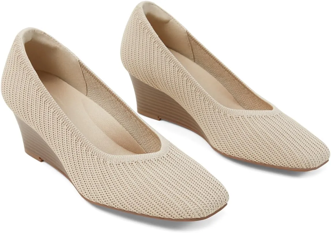 Arromic Women's Wedge Pumps Square Toe Low Heel Wedge Shoes Comfortable V-Cut Closed Toe Heels Wedges Dress Shoes for Women Work Office Casual Daily Dressy 2inch
