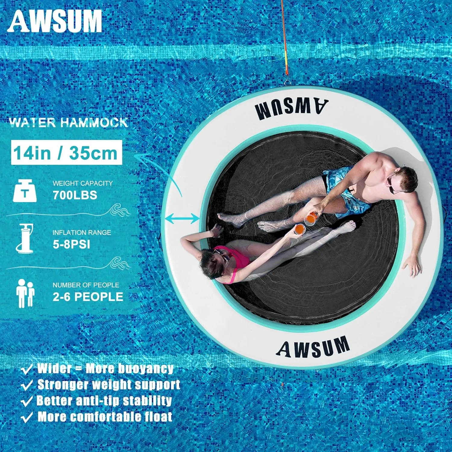 AWSUM Inflatable Water Hammock Round Floating Ring Circle Dock Lake Floats River Raft for Adults Island Swimming Pool Platform for Party