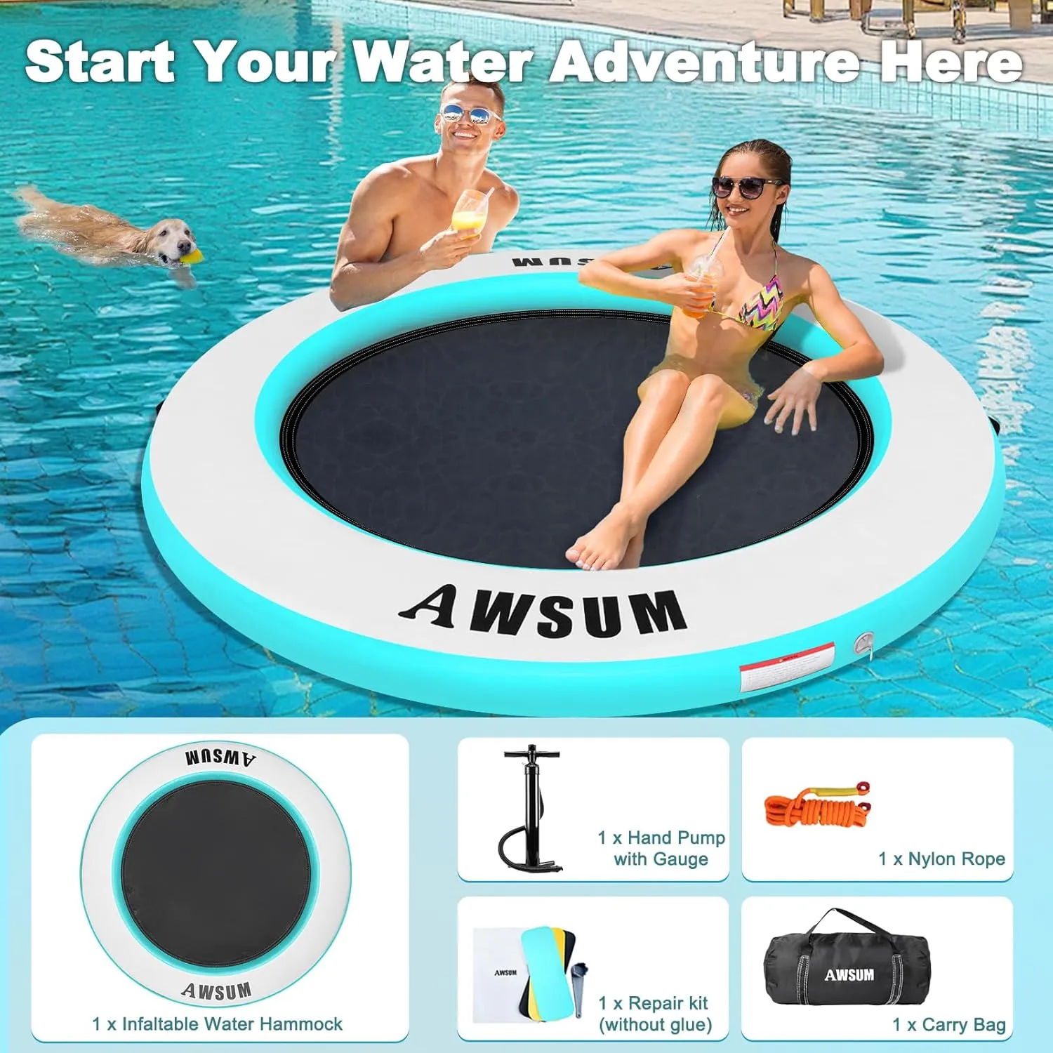 AWSUM Inflatable Water Hammock Round Floating Ring Circle Dock Lake Floats River Raft for Adults Island Swimming Pool Platform for Party