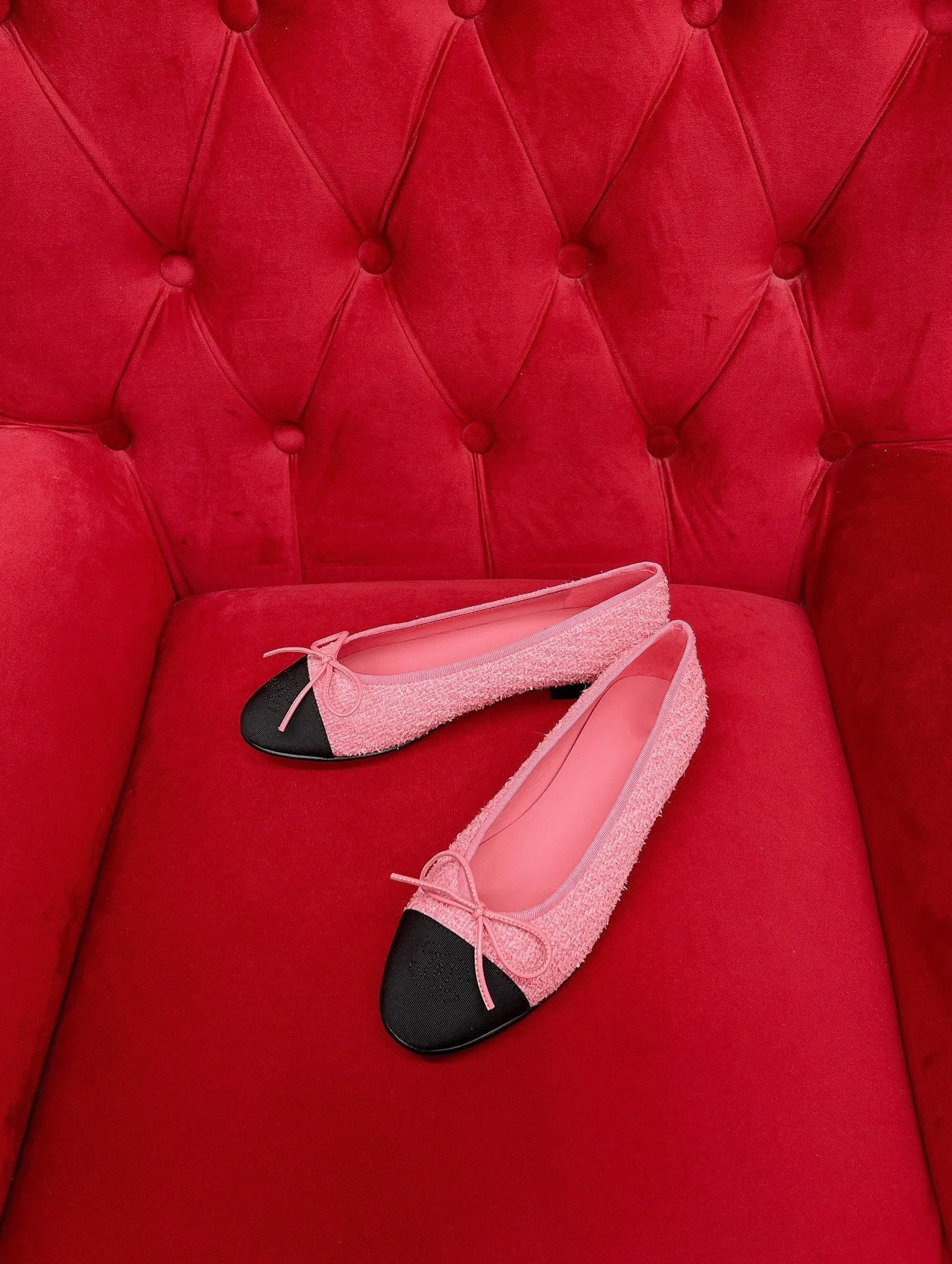 ballet flat pink black tweed grosgrain