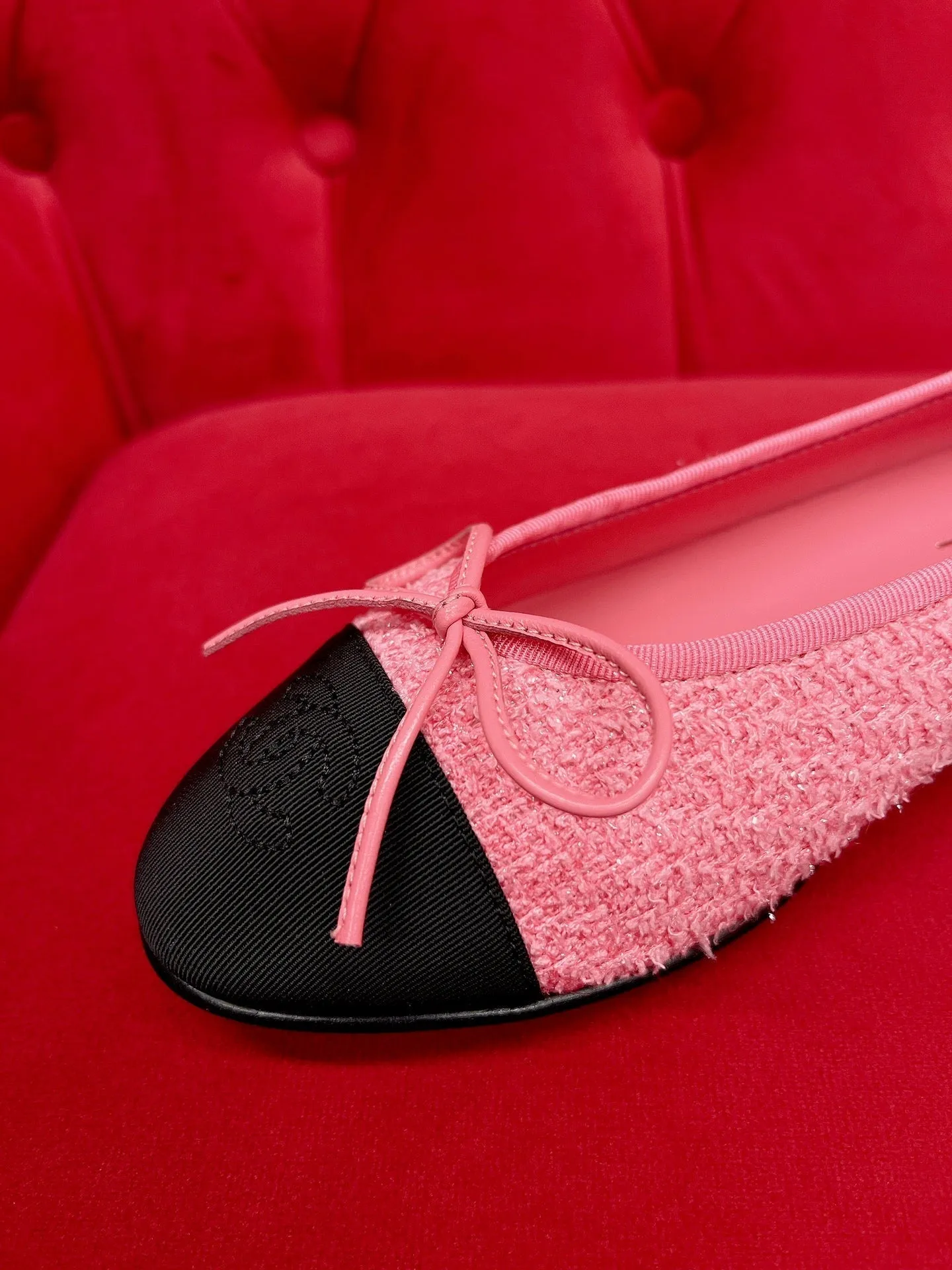 ballet flat pink black tweed grosgrain