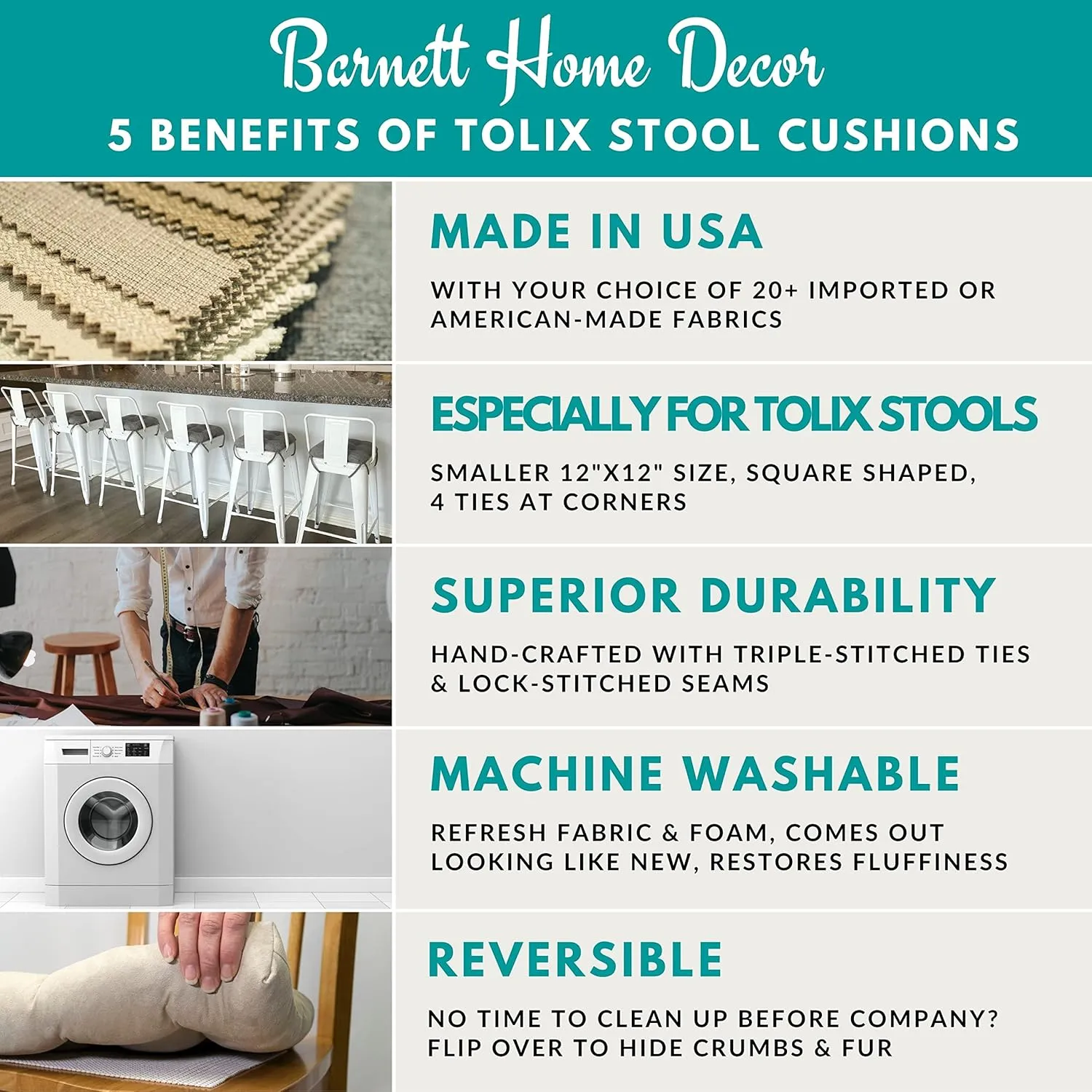 Barnett Home Decor Cotton Duck Natural Square Bar Stool Cushion with Ties - for 12" Metal Industrial Barstools - 12" Tolix-Style Counter-Height Chairs - Latex Foam, Machine Washable