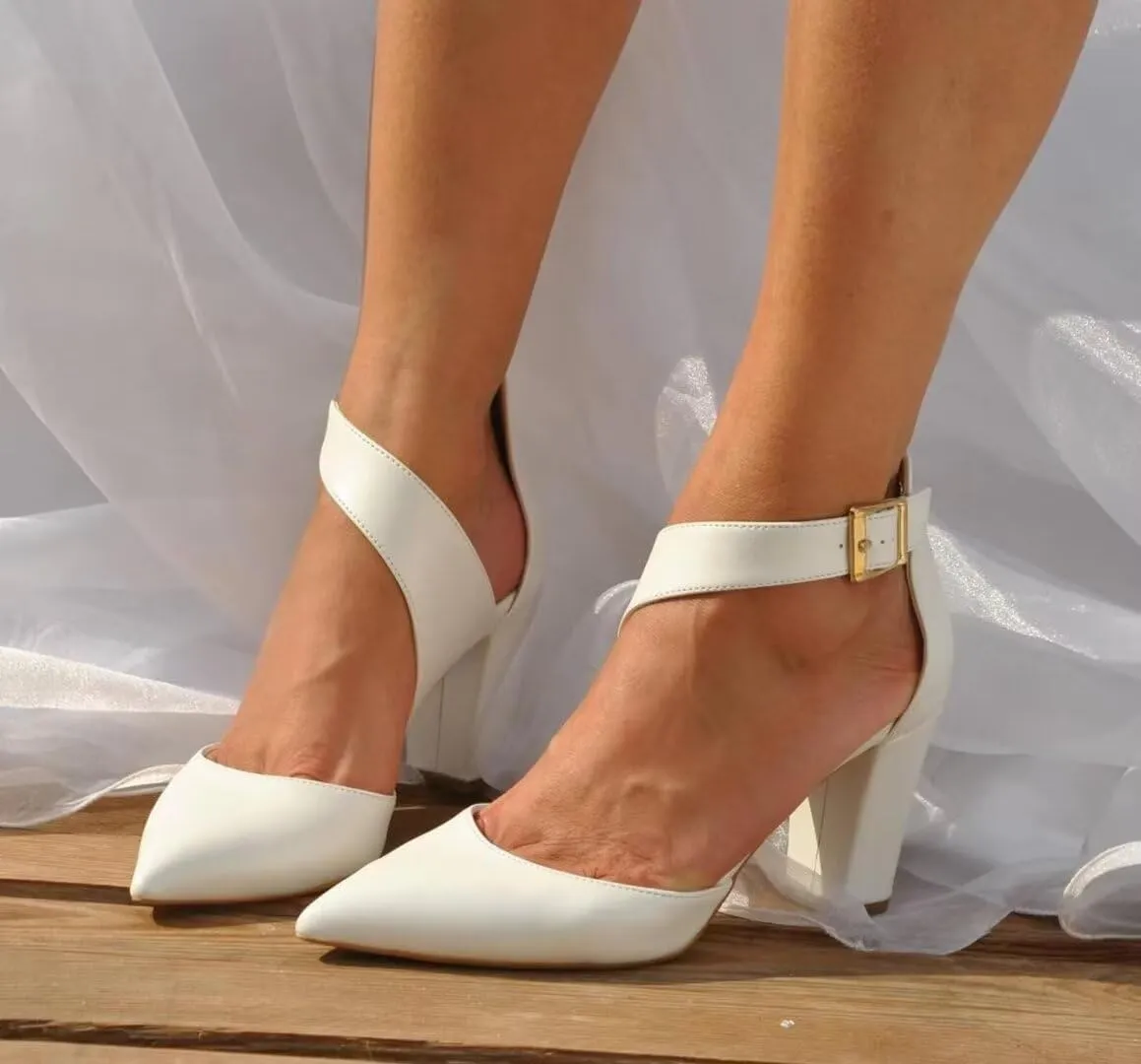 Block Heel Wedding Shoes for Bride Closed Toe Bridal Shoes Ankle Strap Wedding Chunky Heels