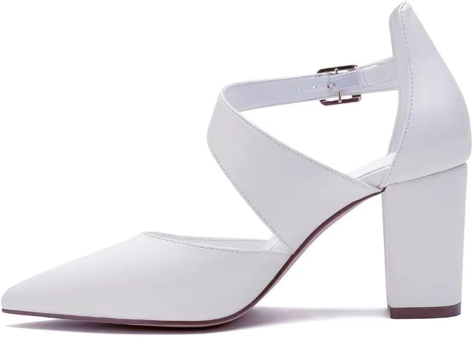 Block Heel Wedding Shoes for Bride Closed Toe Bridal Shoes Ankle Strap Wedding Chunky Heels