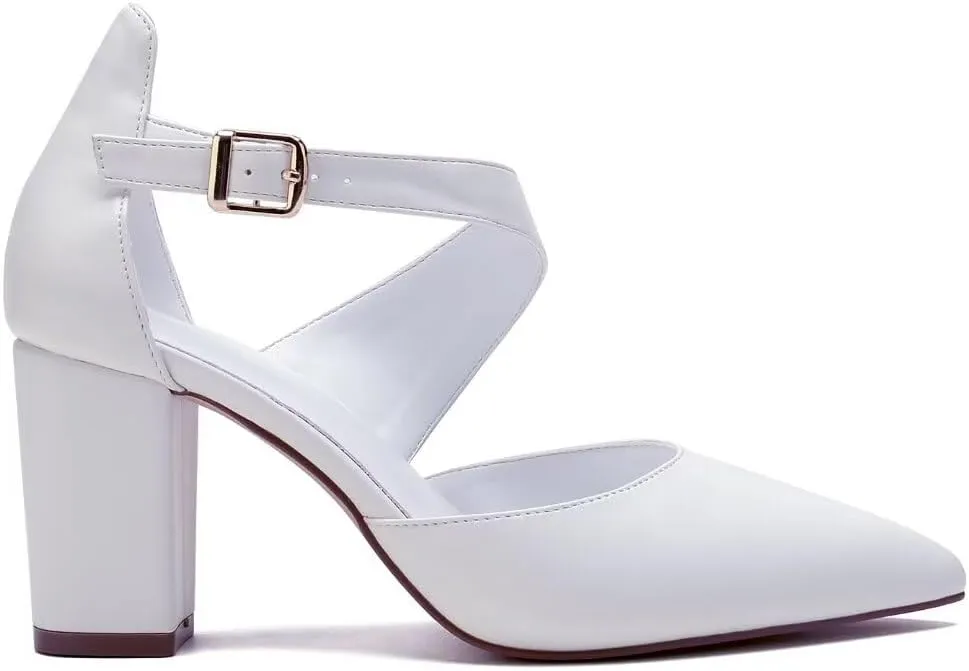 Block Heel Wedding Shoes for Bride Closed Toe Bridal Shoes Ankle Strap Wedding Chunky Heels