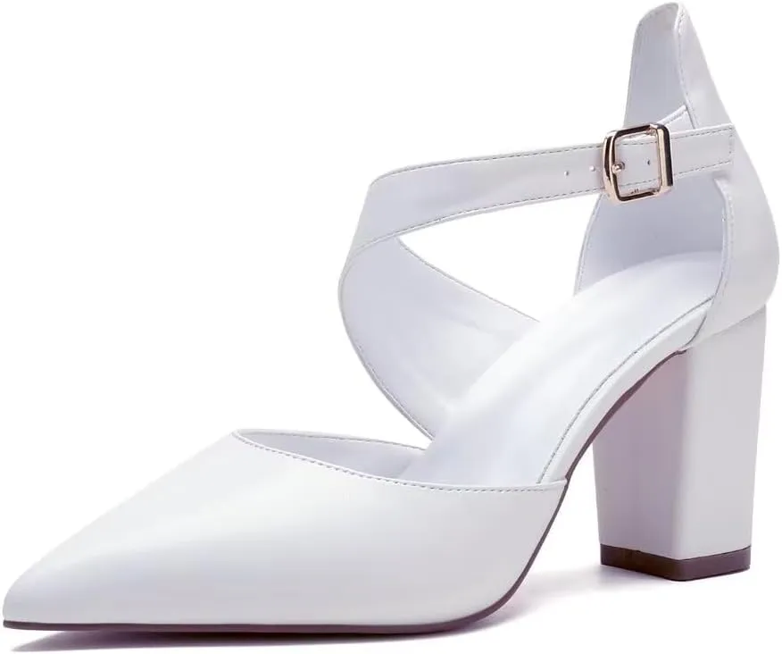 Block Heel Wedding Shoes for Bride Closed Toe Bridal Shoes Ankle Strap Wedding Chunky Heels