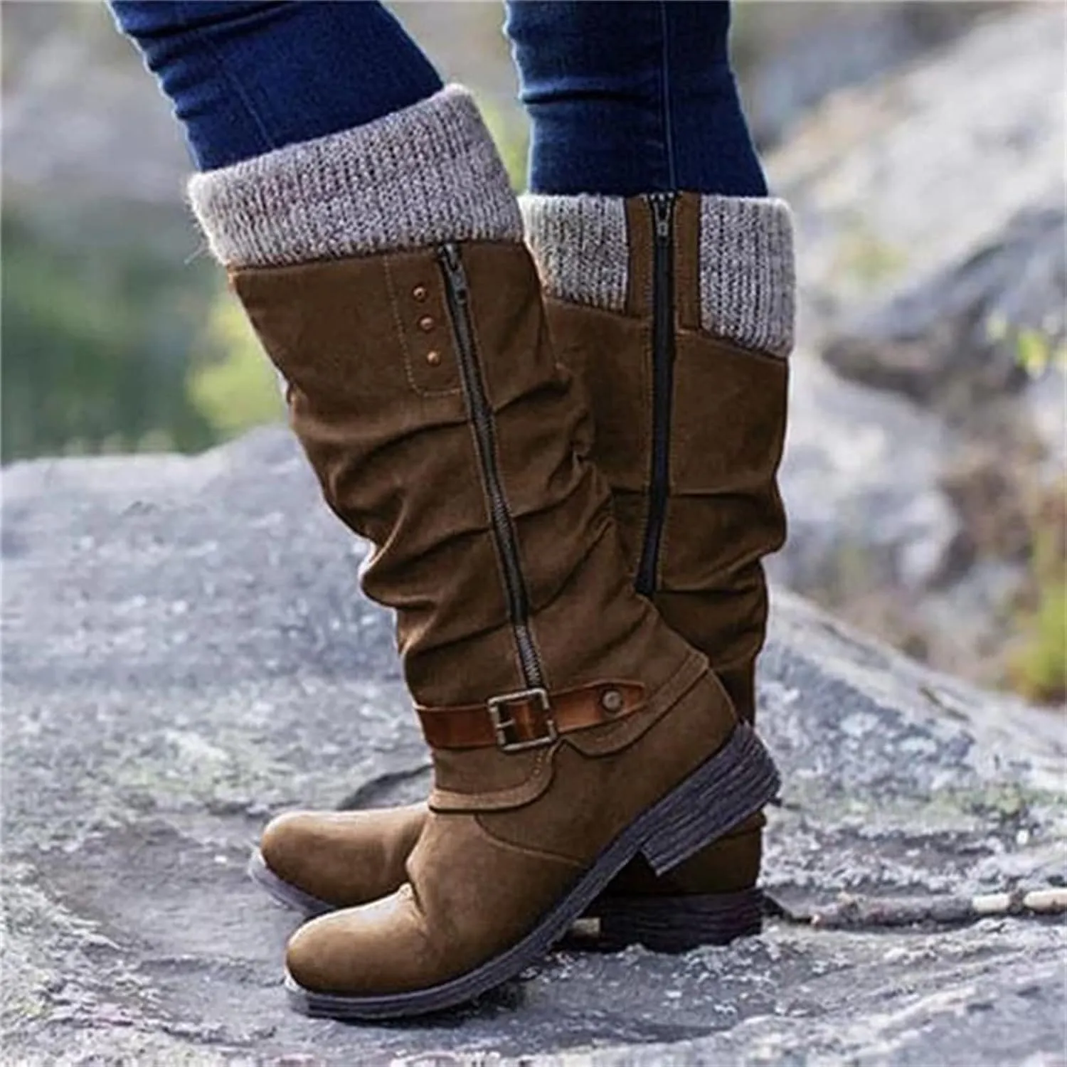 Boots For Women Wide Calf Winter Mid Calf Military Combat Boots Side Zipper Low Heel Biker Motorcycle Riding Dress Boots