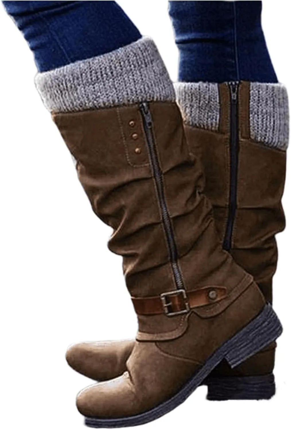 Boots For Women Wide Calf Winter Mid Calf Military Combat Boots Side Zipper Low Heel Biker Motorcycle Riding Dress Boots