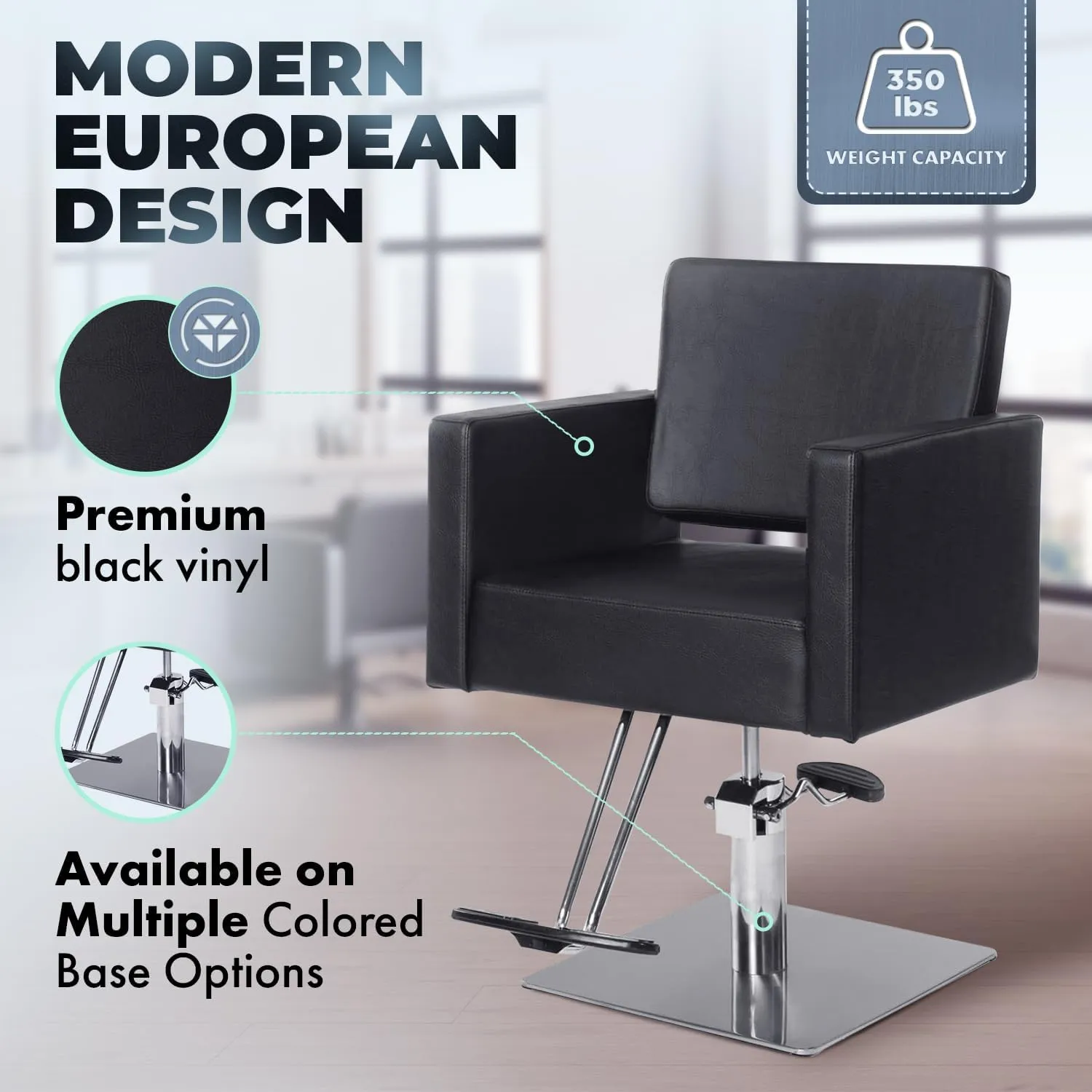 Buy-Rite Christina Professional Styling Chair – Wide Seat, Black Vinyl, Hydraulic Pump, Alloy Steel Frame, Stainless Flat Base – Modern Salon Chair for Stylists & Barbers, YLG-195-BLK
