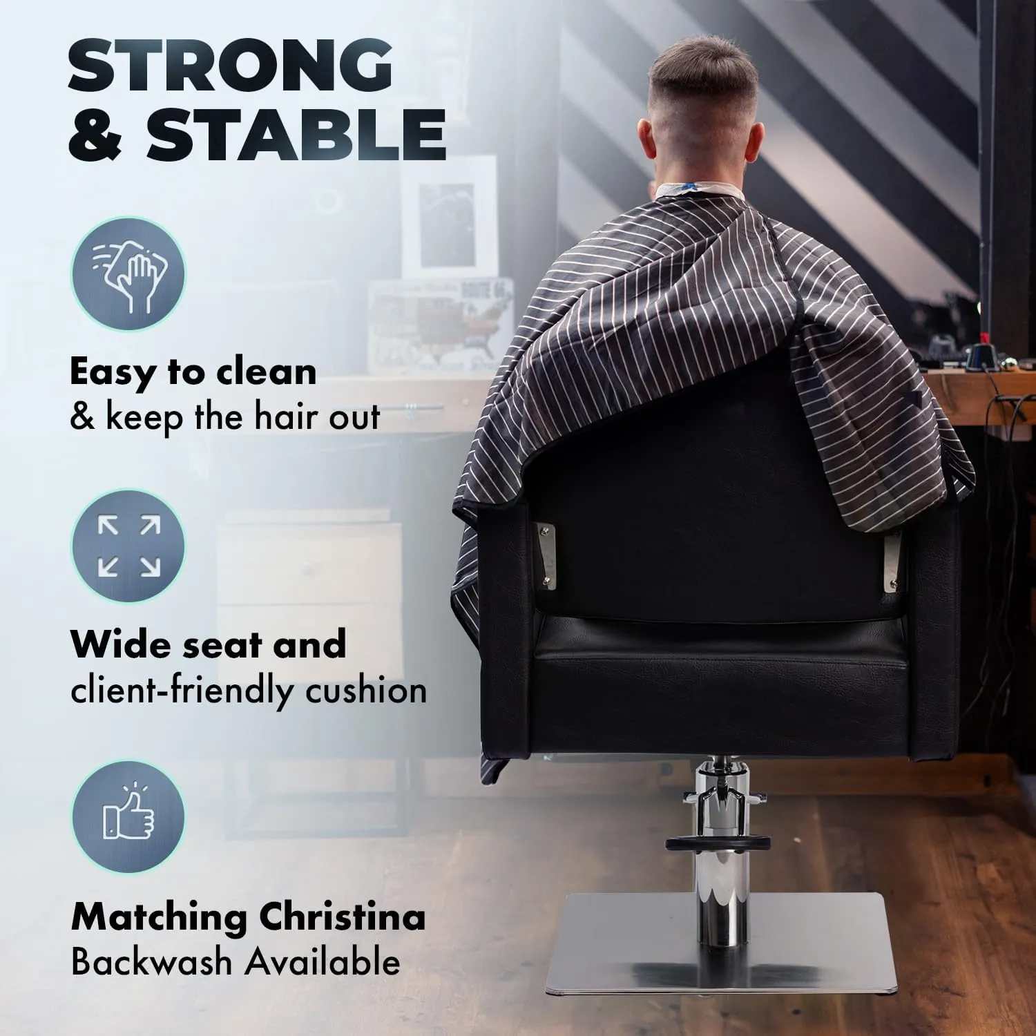 Buy-Rite Christina Professional Styling Chair – Wide Seat, Black Vinyl, Hydraulic Pump, Alloy Steel Frame, Stainless Flat Base – Modern Salon Chair for Stylists & Barbers, YLG-195-BLK