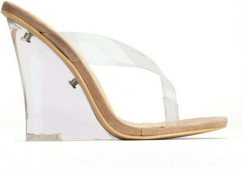 Cape Robbin Fresh Transparent Wedge Sandals Black Open High Clear Platform Mule