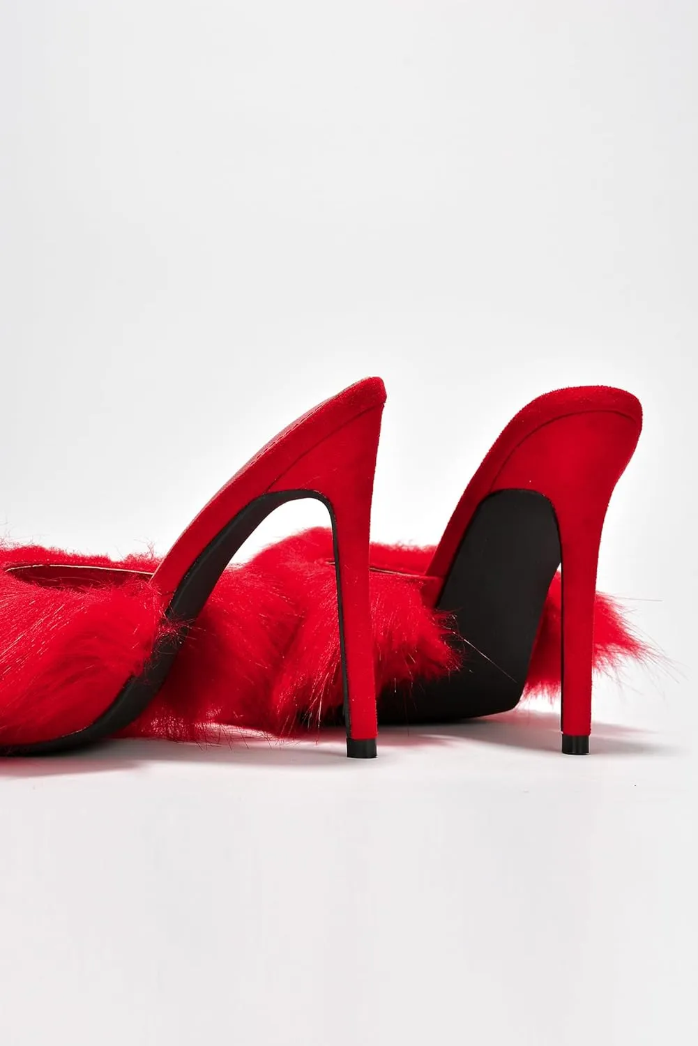 Cape Robbin Fuji Faux Fur Open Pointy Toe Stiletto Mule Heel Sandal-Open Peep Toe Slip on Stiletto High Heels Sandals for women