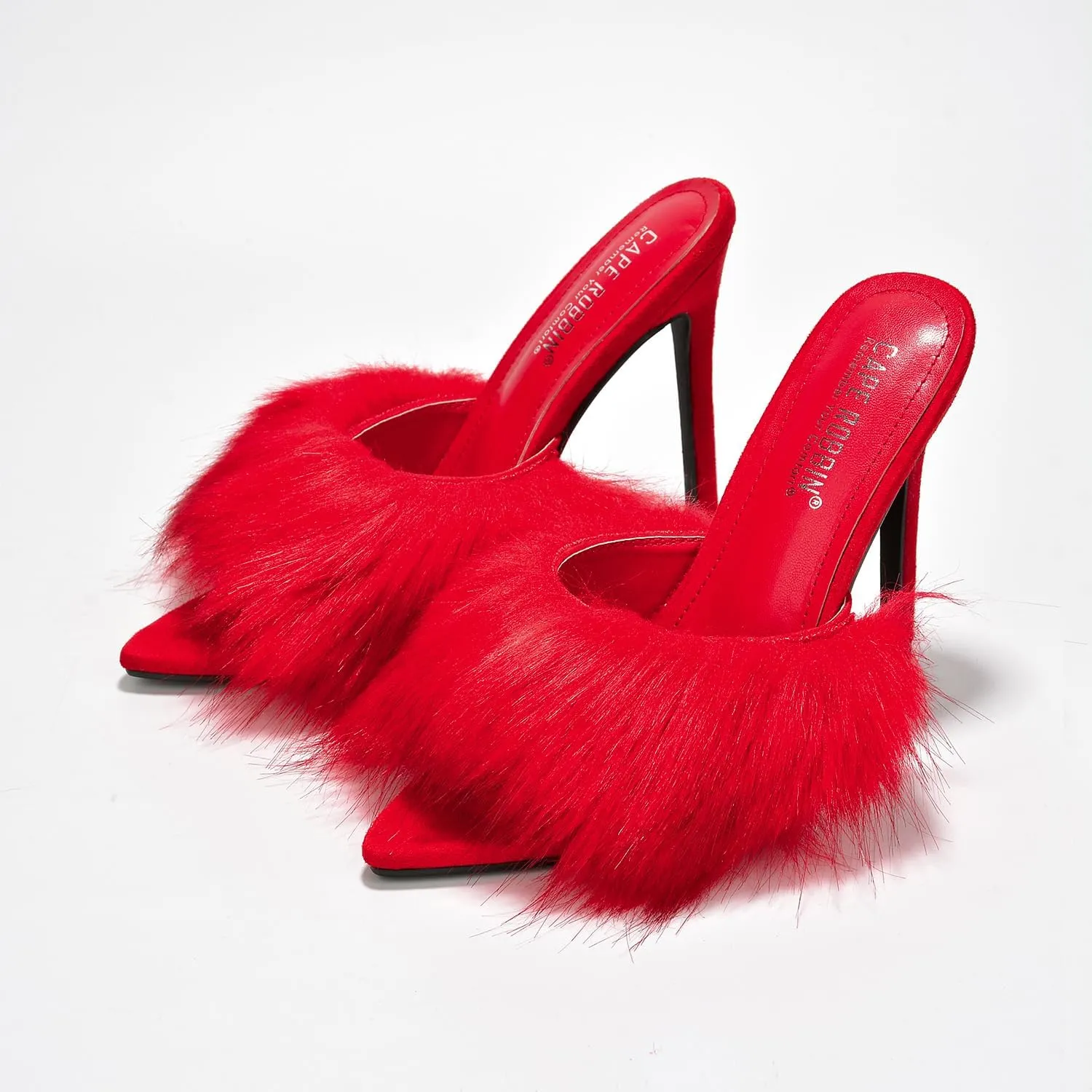 Cape Robbin Fuji Faux Fur Open Pointy Toe Stiletto Mule Heel Sandal-Open Peep Toe Slip on Stiletto High Heels Sandals for women