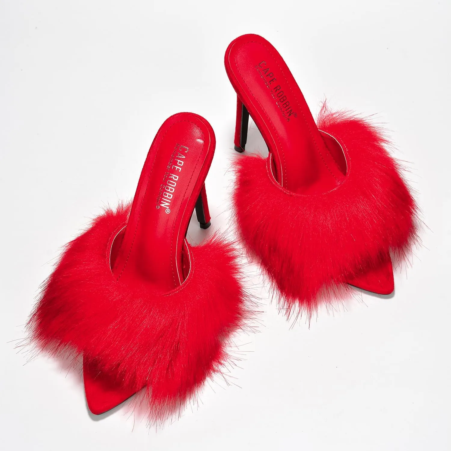 Cape Robbin Fuji Faux Fur Open Pointy Toe Stiletto Mule Heel Sandal-Open Peep Toe Slip on Stiletto High Heels Sandals for women