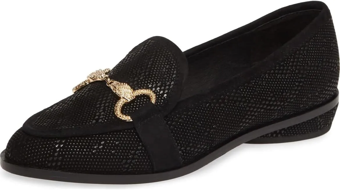Cecelia New York Fenton Loafer Black Leather Horse Bit Slip On Gold Buckle Flats, 9