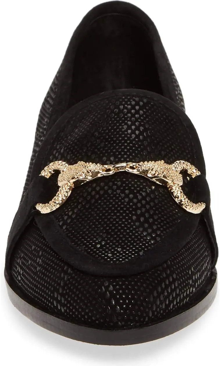 Cecelia New York Fenton Loafer Black Leather Horse Bit Slip On Gold Buckle Flats, 9