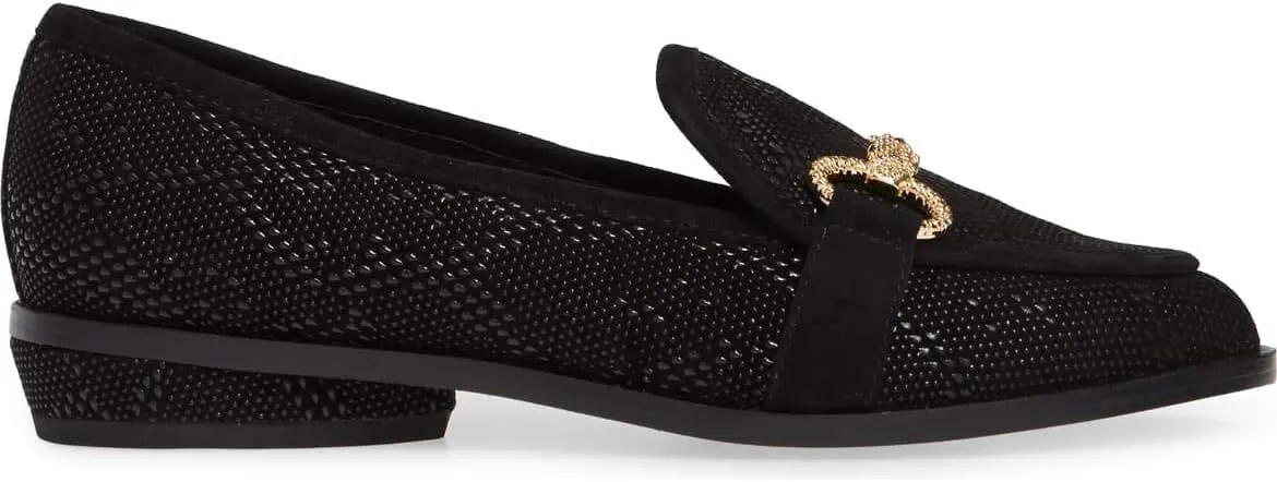 Cecelia New York Fenton Loafer Black Leather Horse Bit Slip On Gold Buckle Flats, 9
