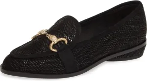 Cecelia New York Fenton Loafer Black Leather Horse Bit Slip On Gold Buckle Flats, 9
