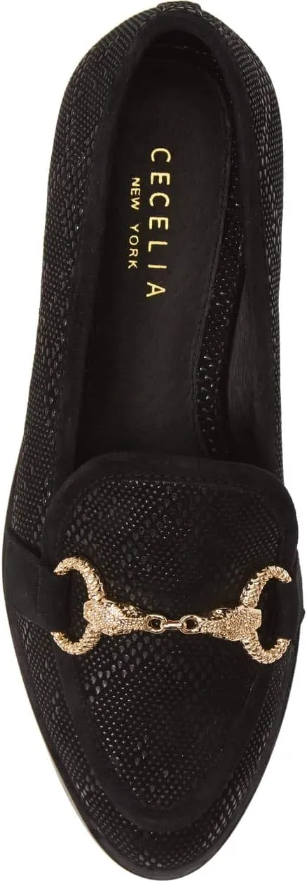 Cecelia New York Fenton Loafer Black Leather Horse Bit Slip On Gold Buckle Flats, 9