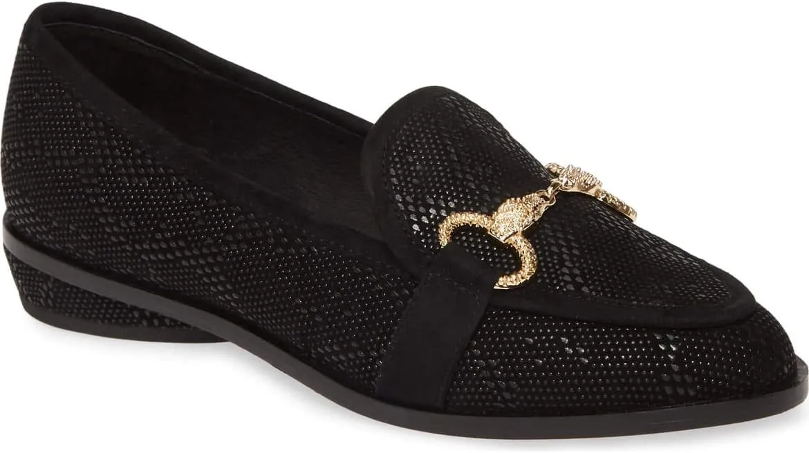 Cecelia New York Fenton Loafer Black Leather Horse Bit Slip On Gold Buckle Flats, 9