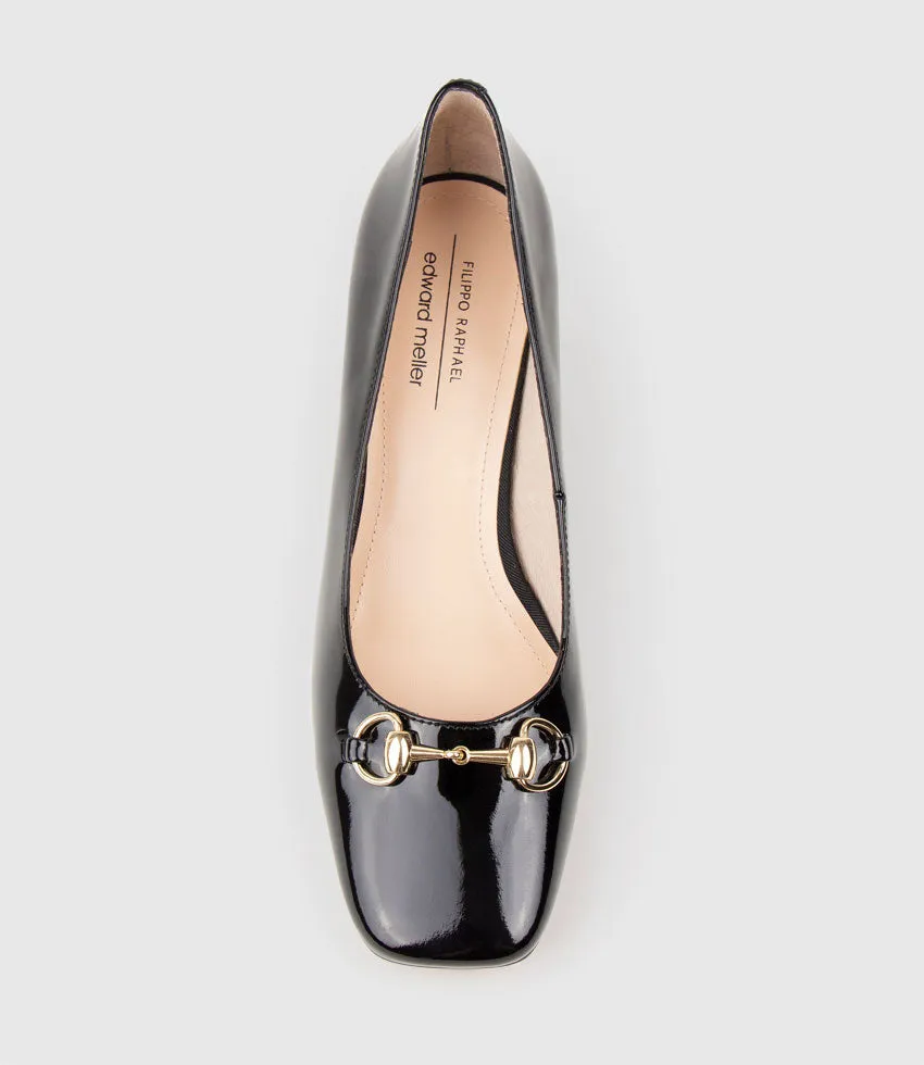 CHRISTINE45 Block Heel Pump with Hardware in Black Patent