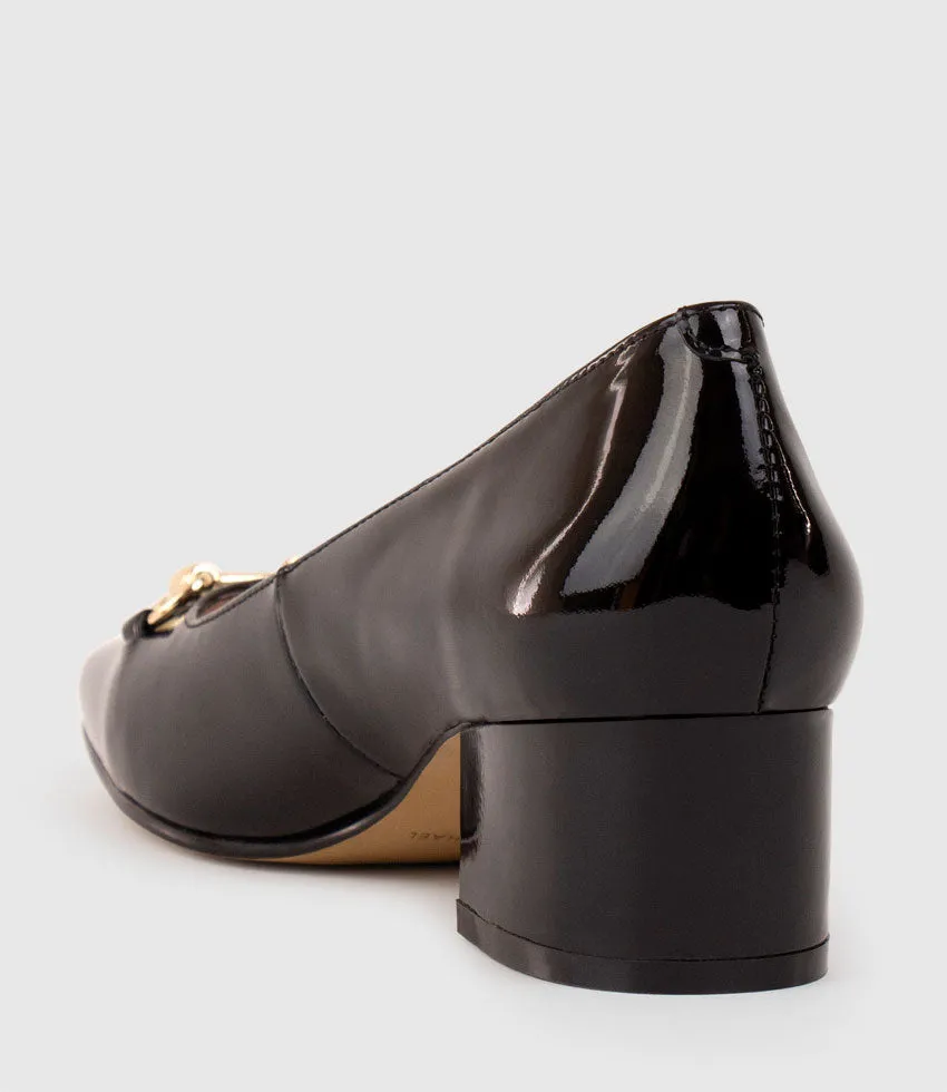 CHRISTINE45 Block Heel Pump with Hardware in Black Patent