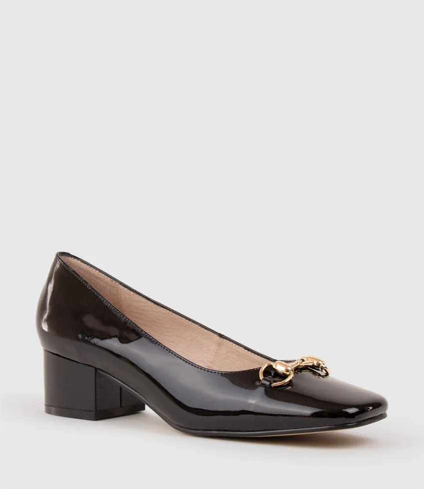 CHRISTINE45 Block Heel Pump with Hardware in Black Patent