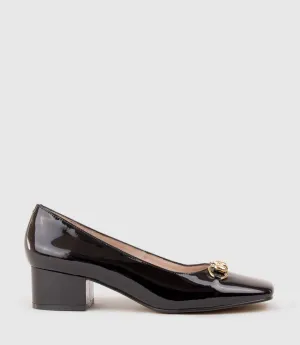 CHRISTINE45 Block Heel Pump with Hardware in Black Patent