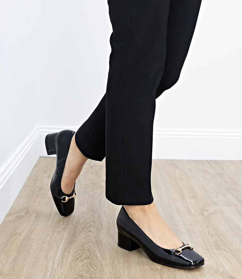 CHRISTINE45 Block Heel Pump with Hardware in Black Patent