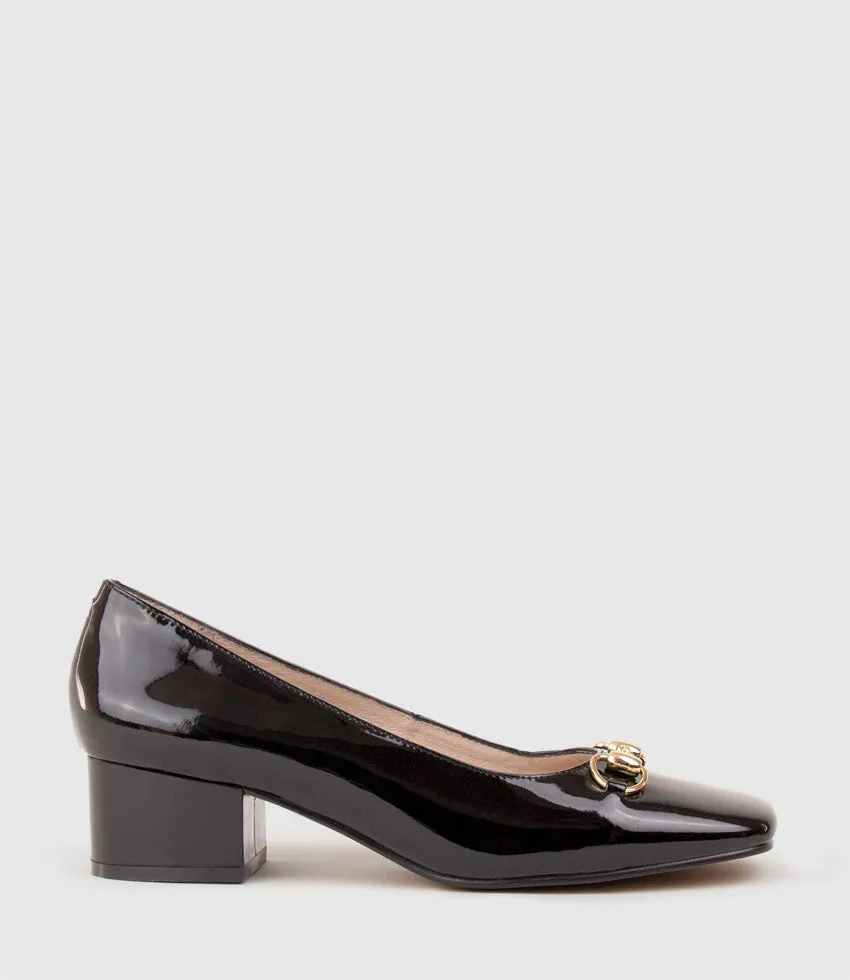 CHRISTINE45 Block Heel Pump with Hardware in Black Patent