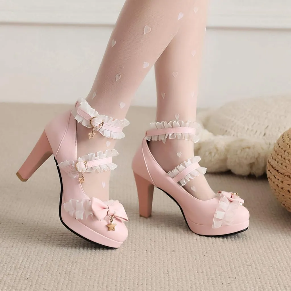 Chunky High Heels Mary Jane Pumps for Women Round Toe Platform Sweet Bow Lolita Elegant Dressy Shoes