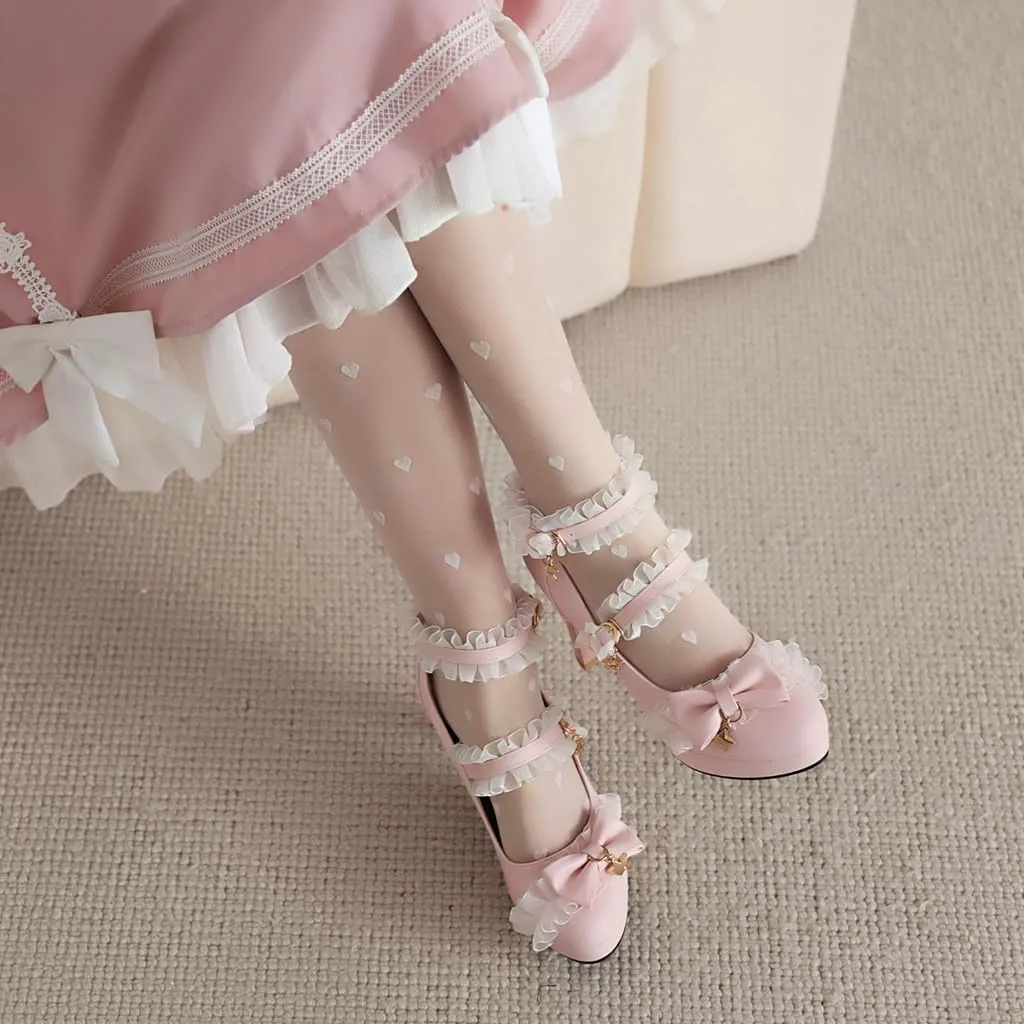 Chunky High Heels Mary Jane Pumps for Women Round Toe Platform Sweet Bow Lolita Elegant Dressy Shoes