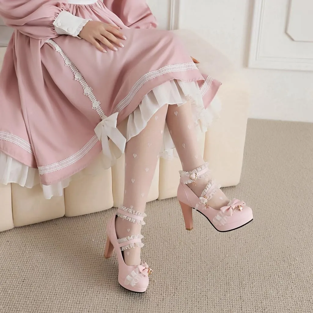 Chunky High Heels Mary Jane Pumps for Women Round Toe Platform Sweet Bow Lolita Elegant Dressy Shoes