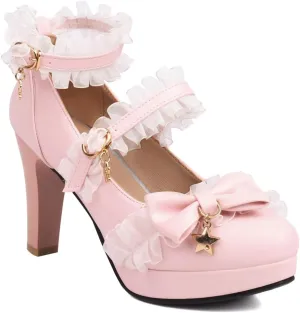 Chunky High Heels Mary Jane Pumps for Women Round Toe Platform Sweet Bow Lolita Elegant Dressy Shoes