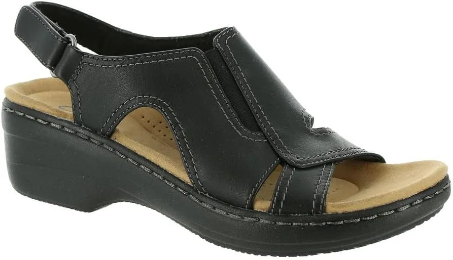 Clarks womens Airabell Mid Wedge Sandal, Black Leather, 9.5 US