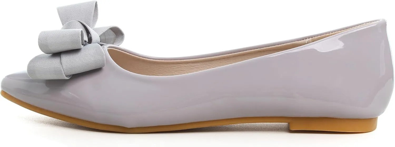 Dear Time Women's Patent Leather Ballet Flat with Bow Comfortable Pointy Slip-on Loafers