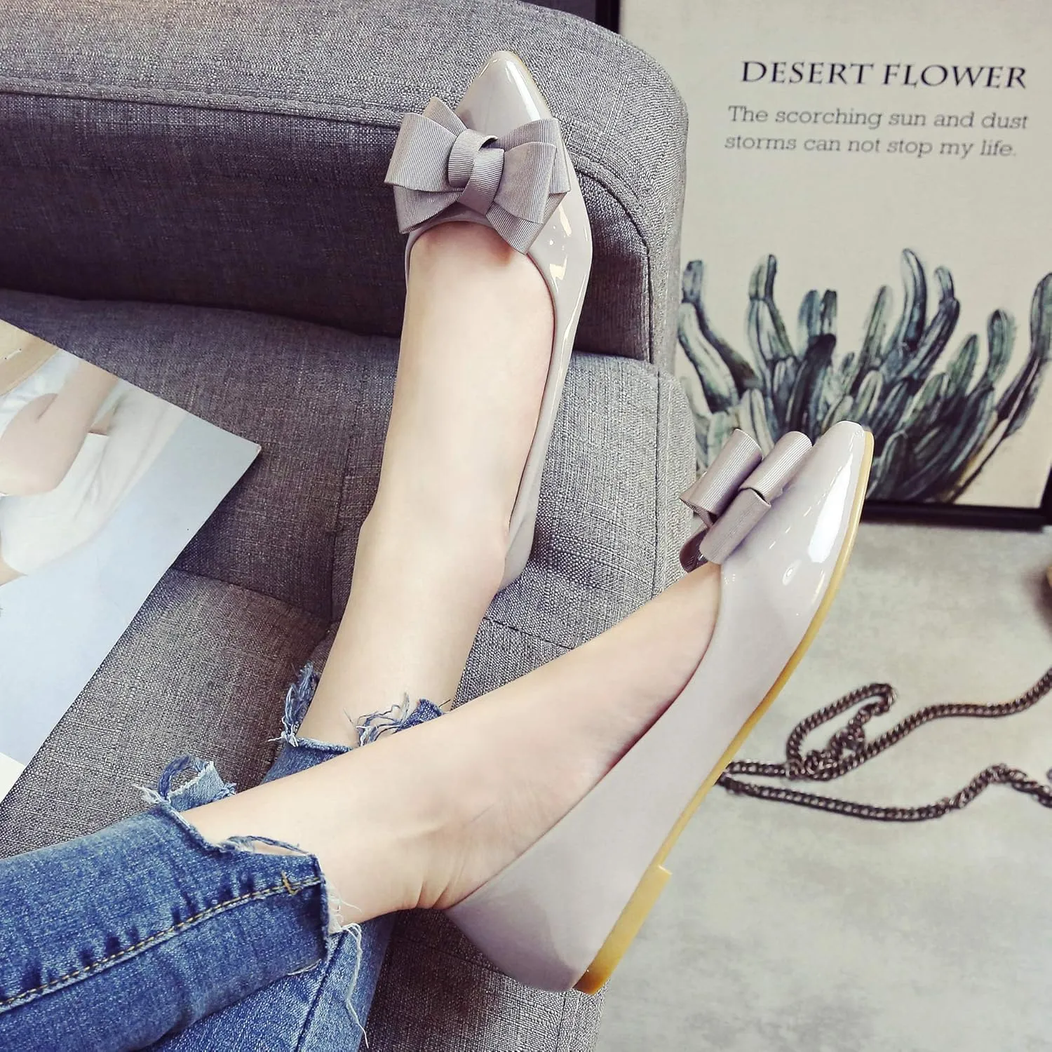 Dear Time Women's Patent Leather Ballet Flat with Bow Comfortable Pointy Slip-on Loafers