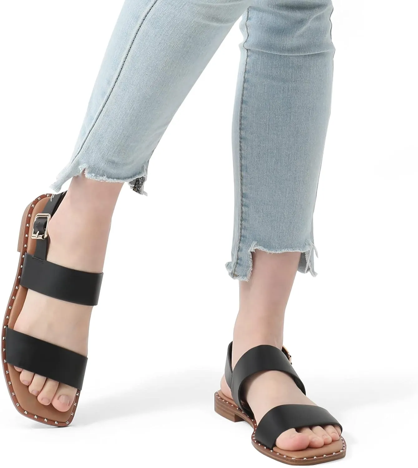 DREAM PAIRS Women's Summer Casual Dressy Cute Flat Sandals Comfortable Sexy Square-Toe Fashion One Band Strappy Shoes Wide Width