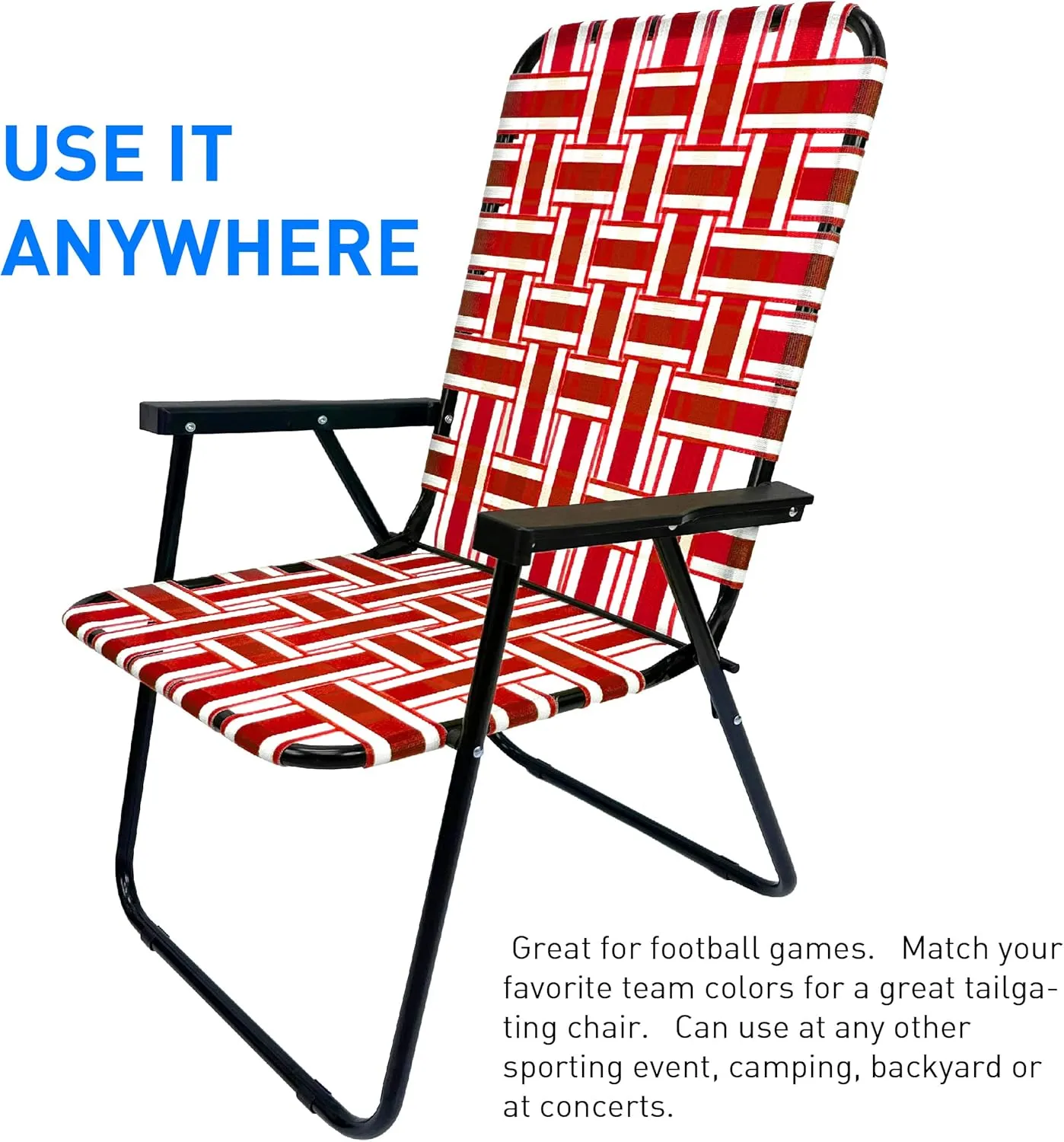 EasyGo Product Lawn Chair Folding Steel Webbing Chaise Patio Lounger Seat Wood Handles for Camping, Beach, Fishing, Backyard, Stadium, Pool, Boating, and Sports, 2 Pack, Red