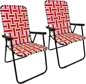 EasyGo Product Lawn Chair Folding Steel Webbing Chaise Patio Lounger Seat Wood Handles for Camping, Beach, Fishing, Backyard, Stadium, Pool, Boating, and Sports, 2 Pack, Red