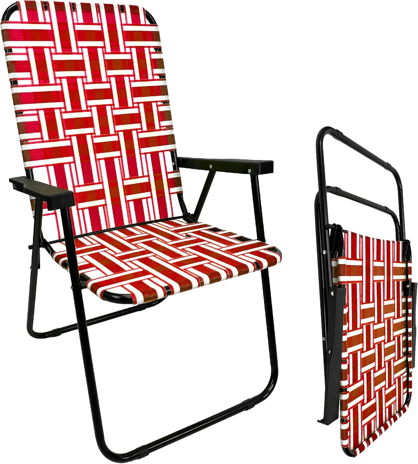 EasyGo Product Lawn Chair Folding Steel Webbing Chaise Patio Lounger Seat Wood Handles for Camping, Beach, Fishing, Backyard, Stadium, Pool, Boating, and Sports, 2 Pack, Red