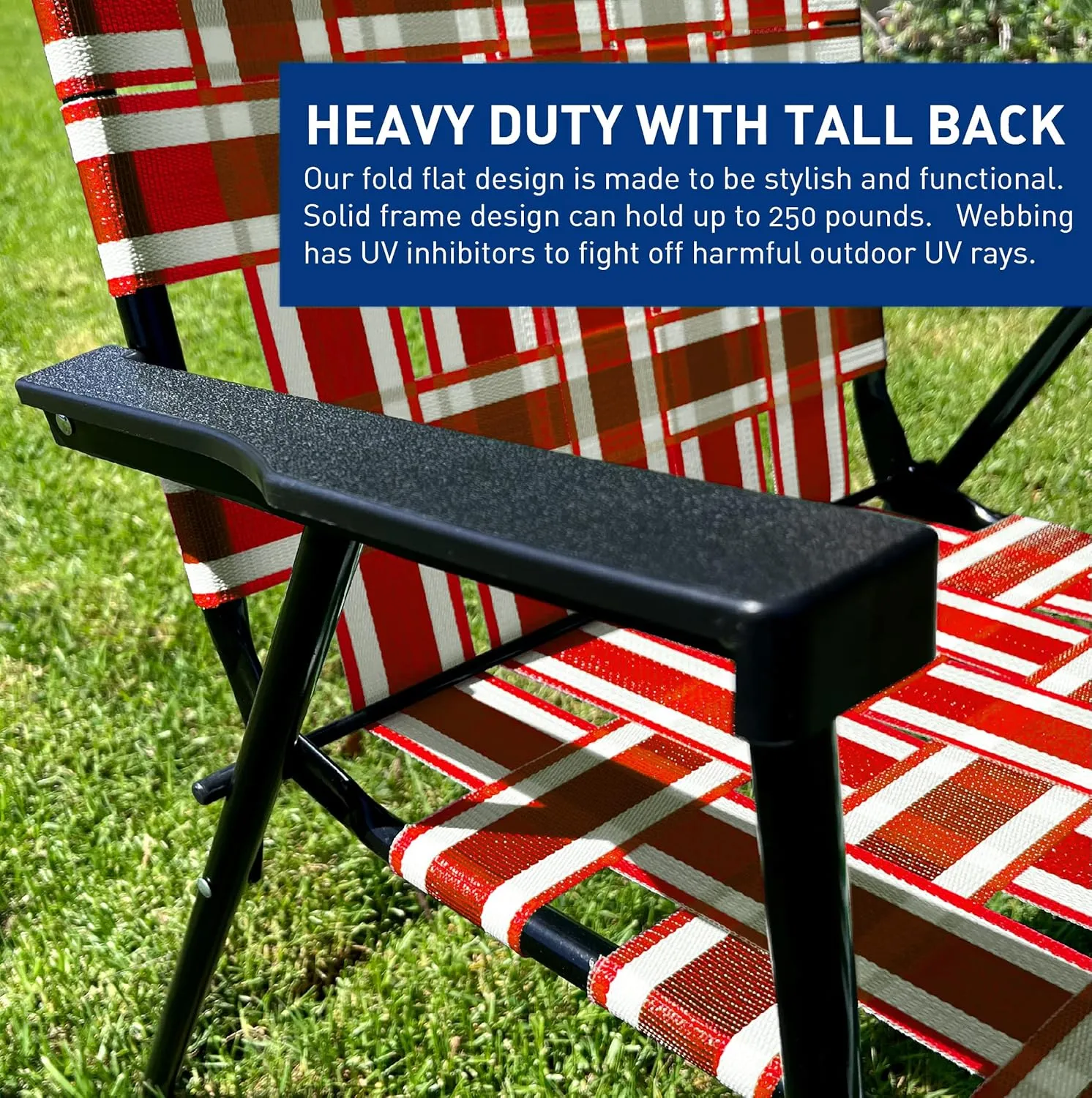 EasyGo Product Lawn Chair Folding Steel Webbing Chaise Patio Lounger Seat Wood Handles for Camping, Beach, Fishing, Backyard, Stadium, Pool, Boating, and Sports, 2 Pack, Red