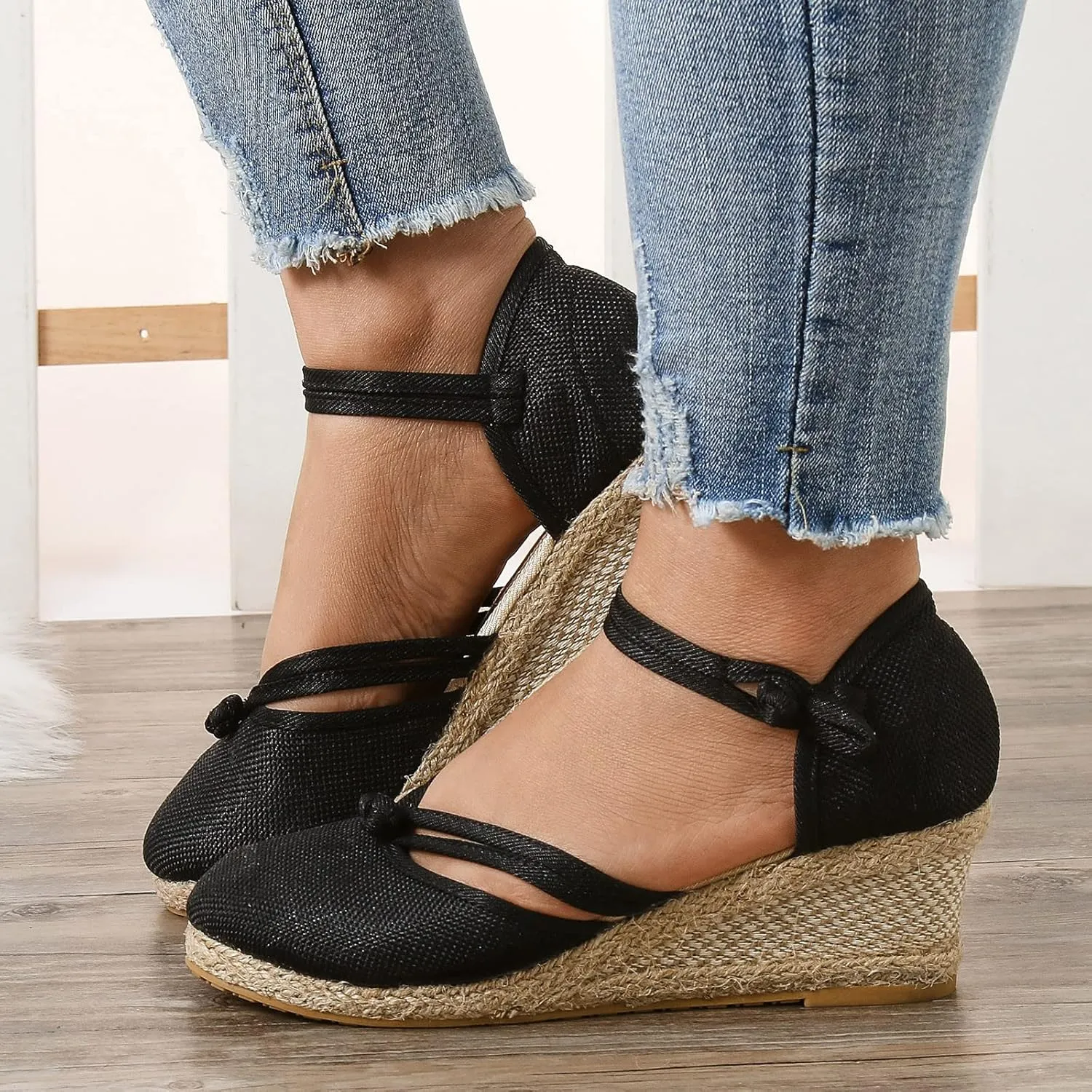 Eduavar Sandals for Women Summer Espadrilles Wedge Sandals with Arch Support Closed Toe Platform Elastic Ankle Strap Shoes