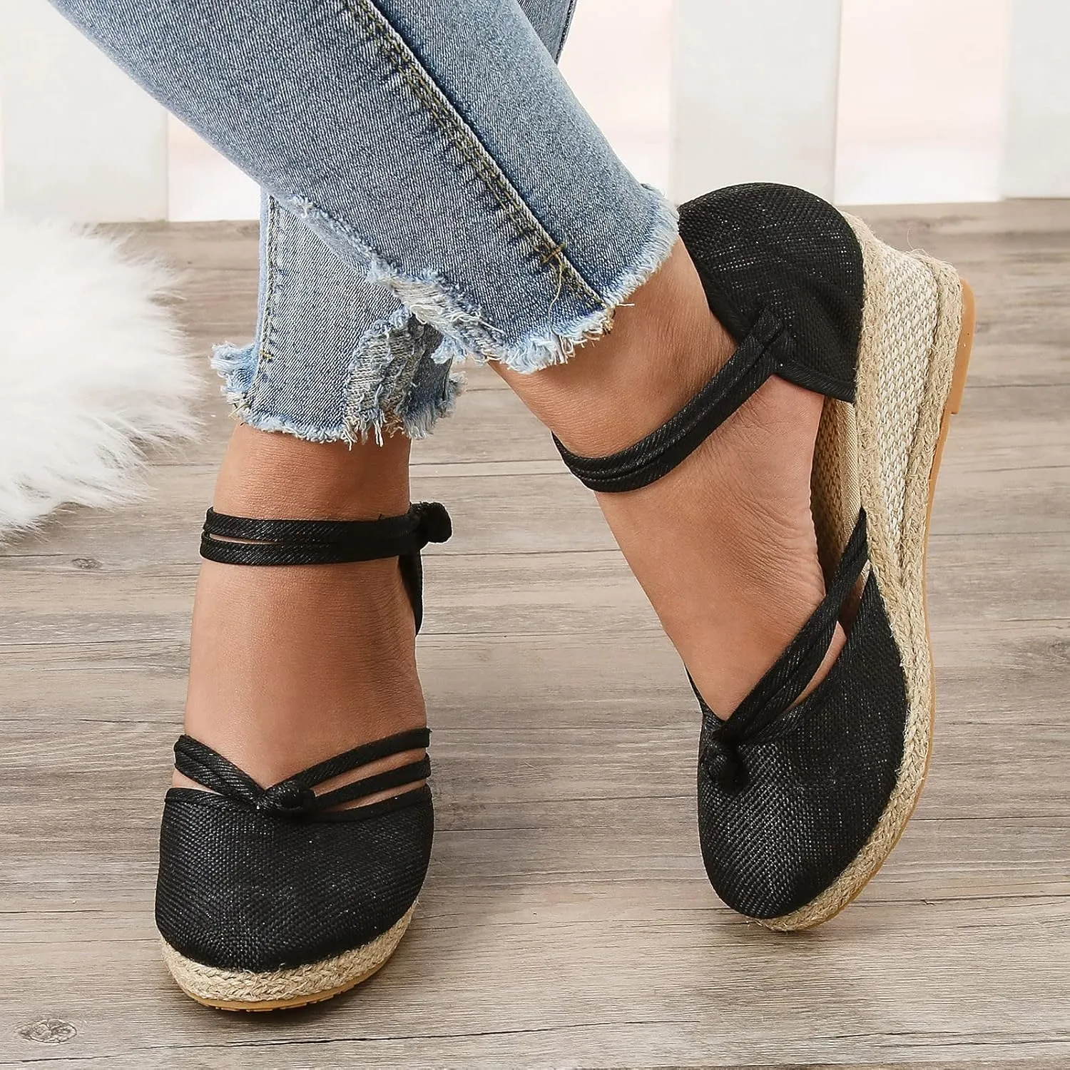 Eduavar Sandals for Women Summer Espadrilles Wedge Sandals with Arch Support Closed Toe Platform Elastic Ankle Strap Shoes