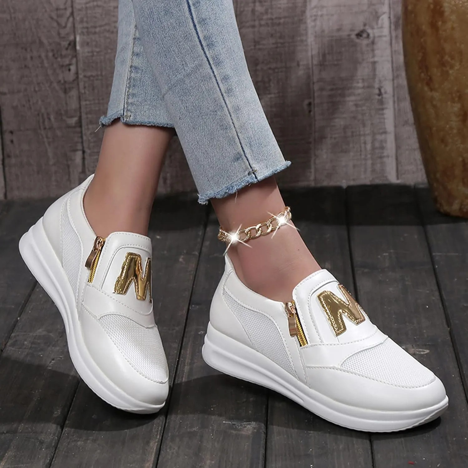 Eduavar Sneakers for Women Trendy, Womens Sneakers Trendy Leather Zip Up Sneakers Breathable Walking Sneakers Shoes