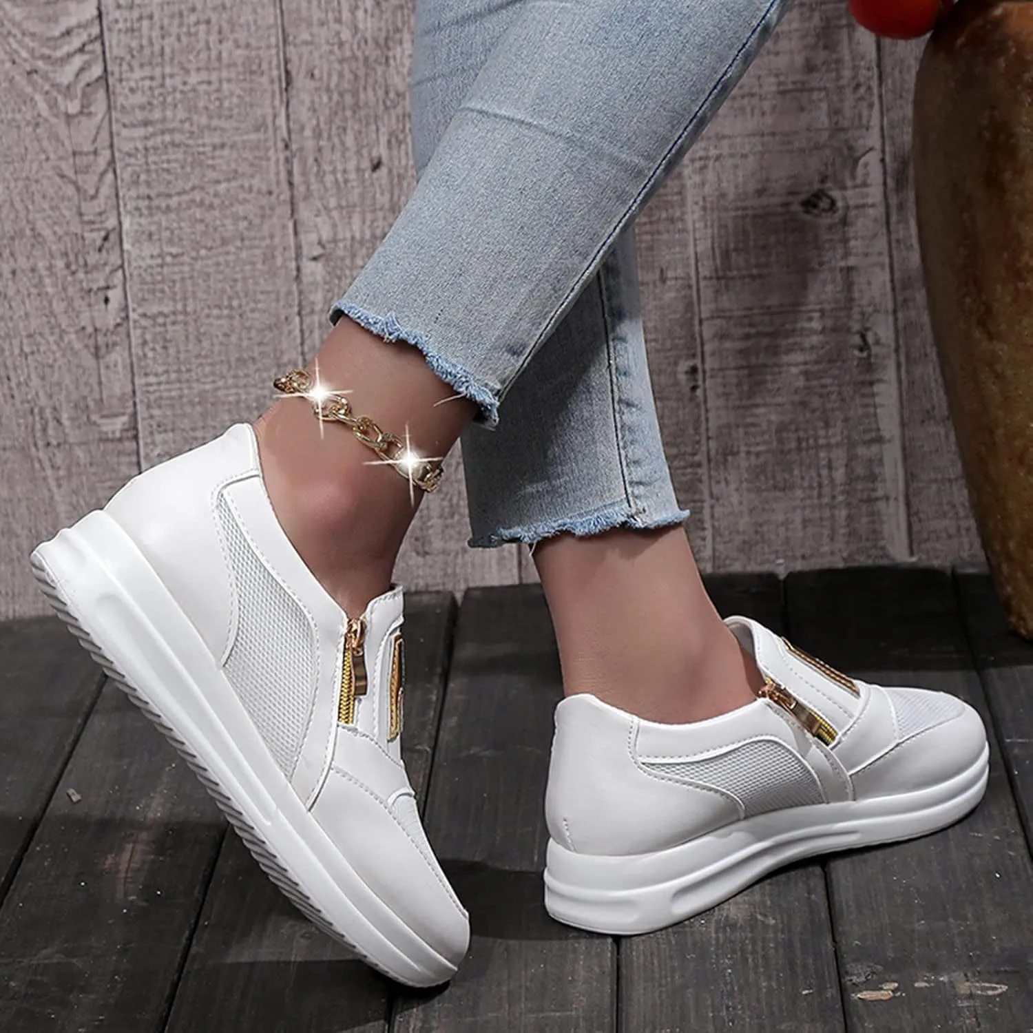 Eduavar Sneakers for Women Trendy, Womens Sneakers Trendy Leather Zip Up Sneakers Breathable Walking Sneakers Shoes
